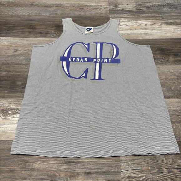 Vintage 90s‎ Cedar Point Shirt Striped Blue White Mens L XL Destination Tank Top - Picture 2 of 9